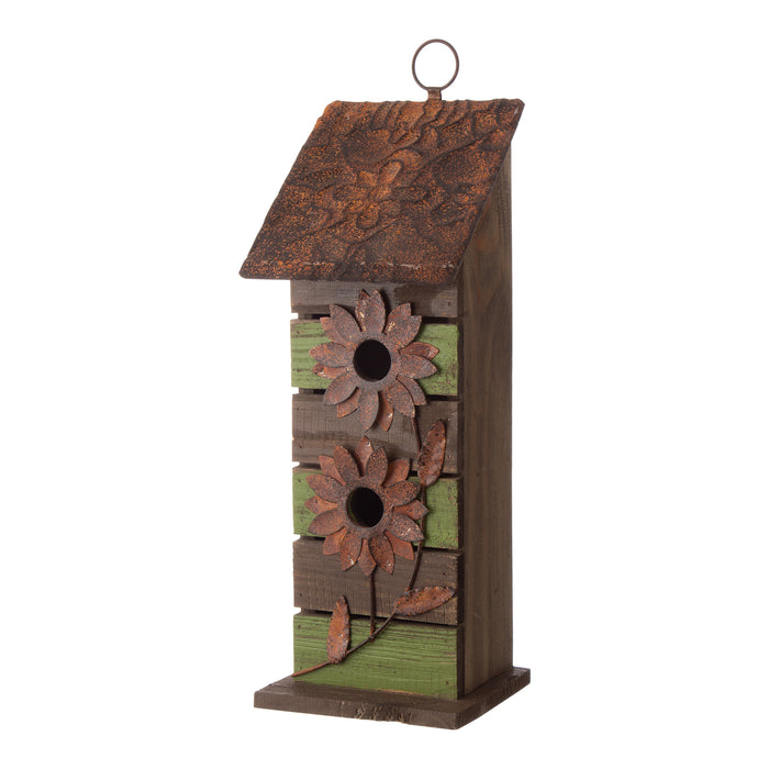 14.45"H Hanging Two-Tiered Distressed Wooden Garden Bird House With Flowers
