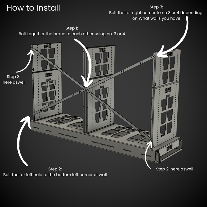 Step-by-step diagram on how to install a 2.0 Slider Bracing Kit (Pack A Shelf)