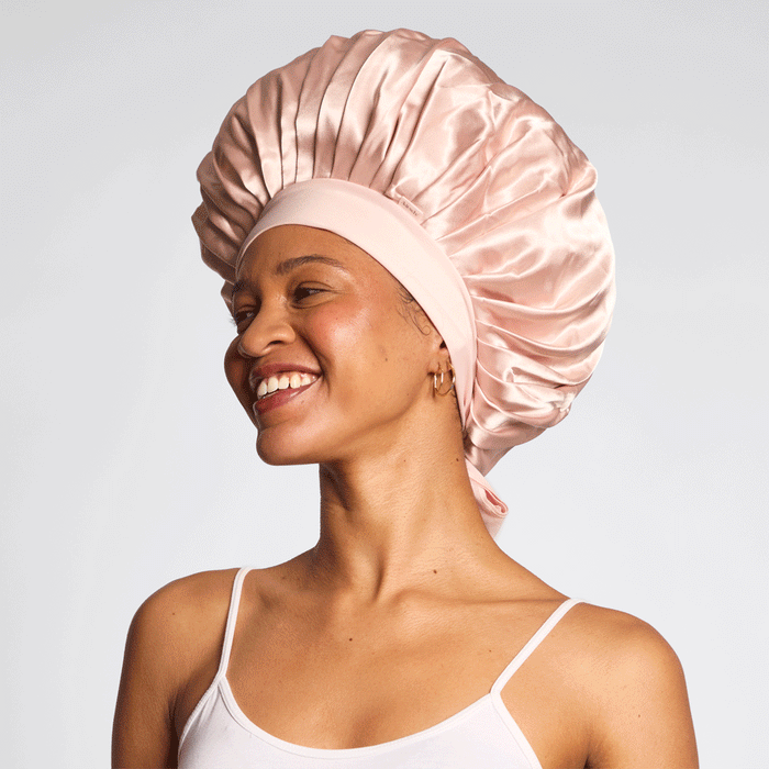 KITSCH Blush Oversized Satin Bonnet — animated model loop — adjustable satin worn while sleeping