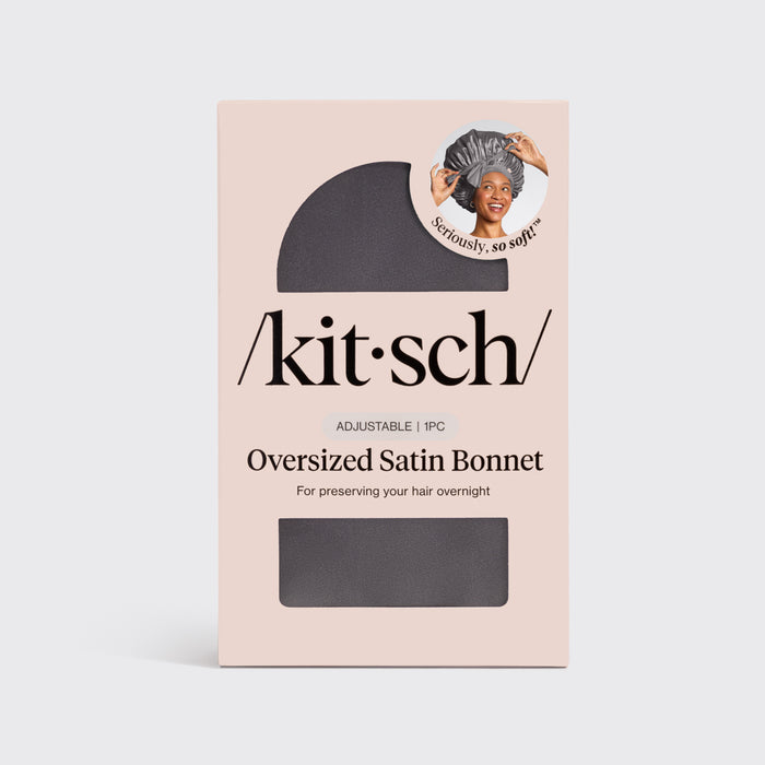 KITSCH Charcoal Oversized Satin Bonnet — packaging shot — adjustable, double-layered satin
