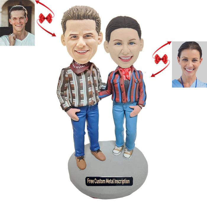 Couples Wearing Checked Shirts Custom Bobblehead