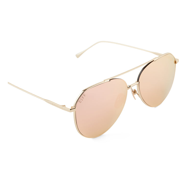 diff eyewear dash aviator sunglasses with a gold metal frame and peach mirror lenses detailed view