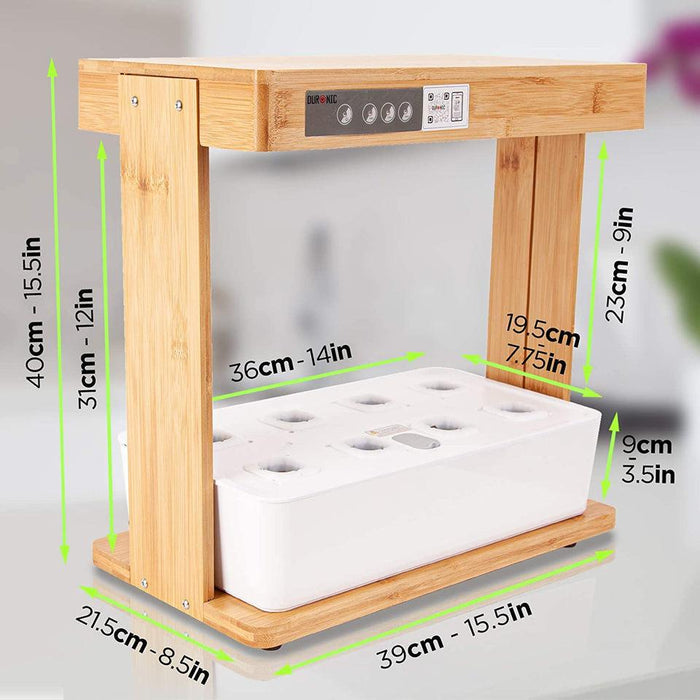 Duronic Hydroponic Growing System with a white 8-pod water tank and adjustable height dimensions labeled in centimeters and inches.
