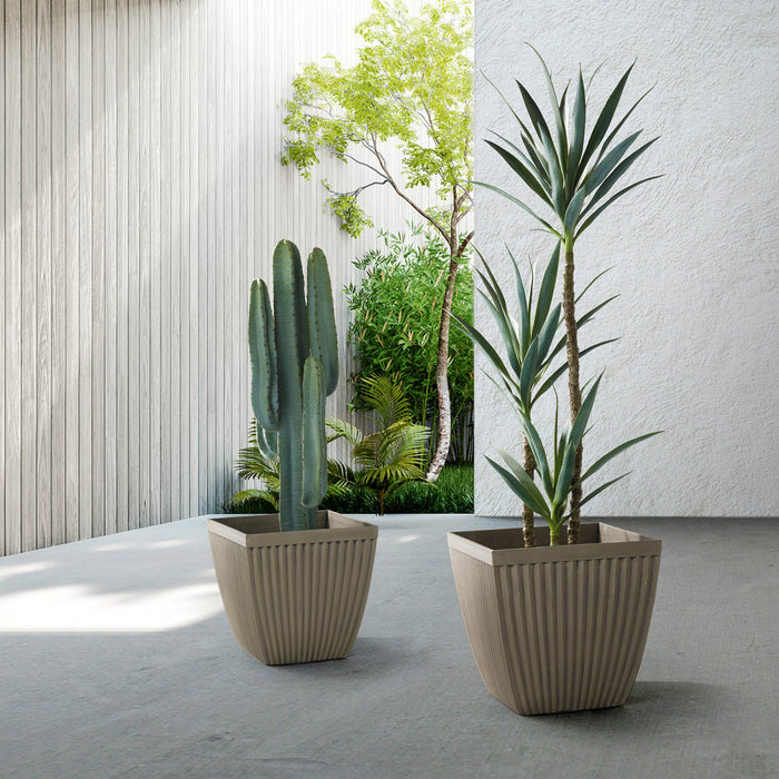 Eco-friendly Large Faux Concrete Square Plastic Fluted Pot Planters, Set of 2