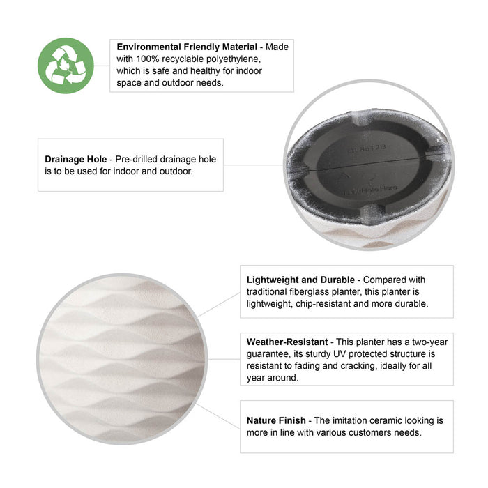 Eco-friendly Large Faux Porcelain Tall Round Polyresin Diamond Planters, Set of 2