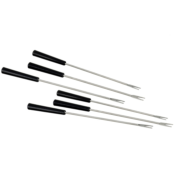 Sechs Unold Gabel-Set (6 Stück) für ASIA-FONDUE 48746 Metallgabeln mit schwarzen Griffen, jeweils mit zwei Zinken und einem langen Stiel, sind diagonal auf weißem Untergrund angeordnet.