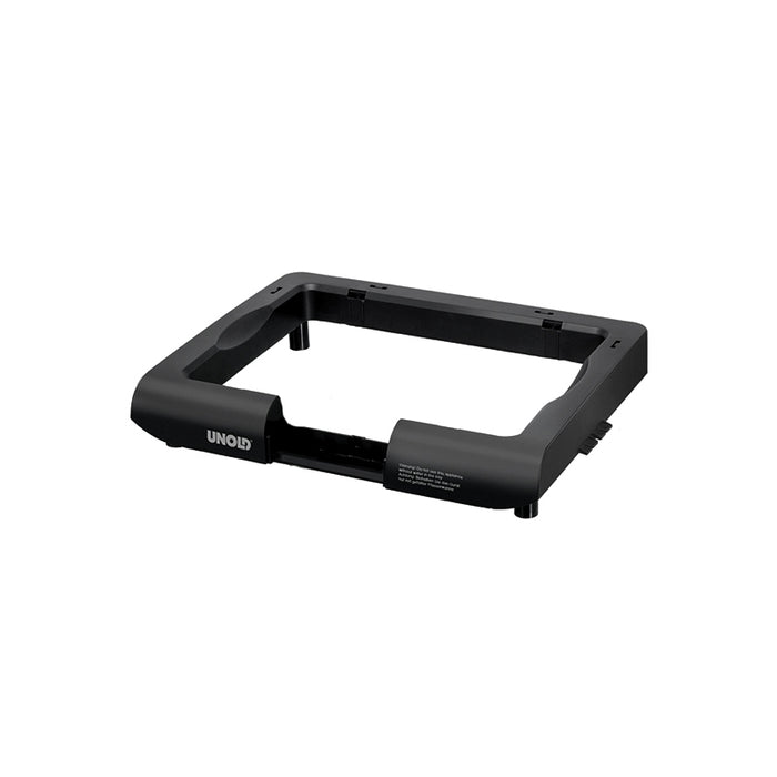 Schwarzer rechteckiger Kunststoffrahmen mit abgerundeten Kanten, vorne links mit der Aufschrift „Unold“, dient als Gehäuse/Einsatz für BARBECUE-GRILL Black Rack 58550, Zubehör oder Standfuß, fotografiert vor weißem Hintergrund.