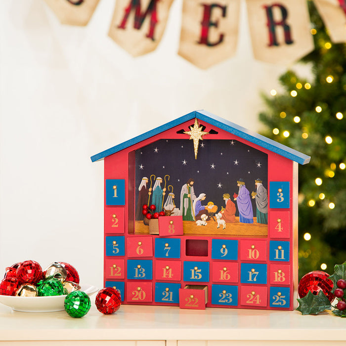 Handcrafted Wooden House Nativity Countdown Calendar With Drawer
