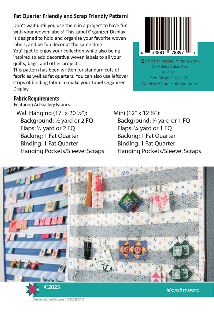 Label Organizer and Earring Display Quilt - Printed Copy
