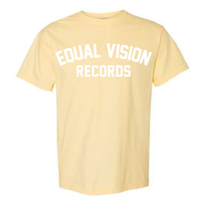 A banana colored T-shirt has the words Equal Vision Records on it.