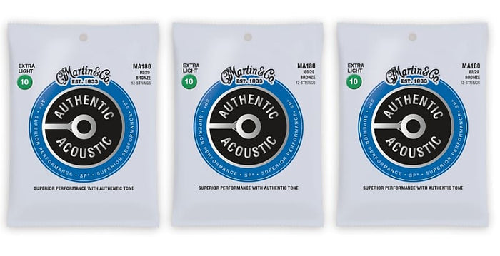 Martin MA180 Authentic Acoustic SP Strings - 12- String Set 80/20 Bronze Extra Light (3-Pack)