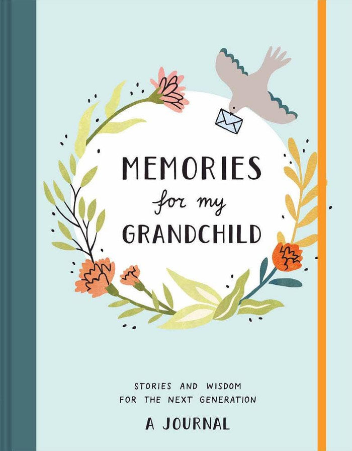 Journal titled 'Memories for my Grandchild' with decorative elements on a light blue background