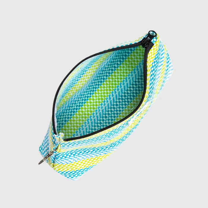 Mesh pouch with blue and green pattern on a light gray background