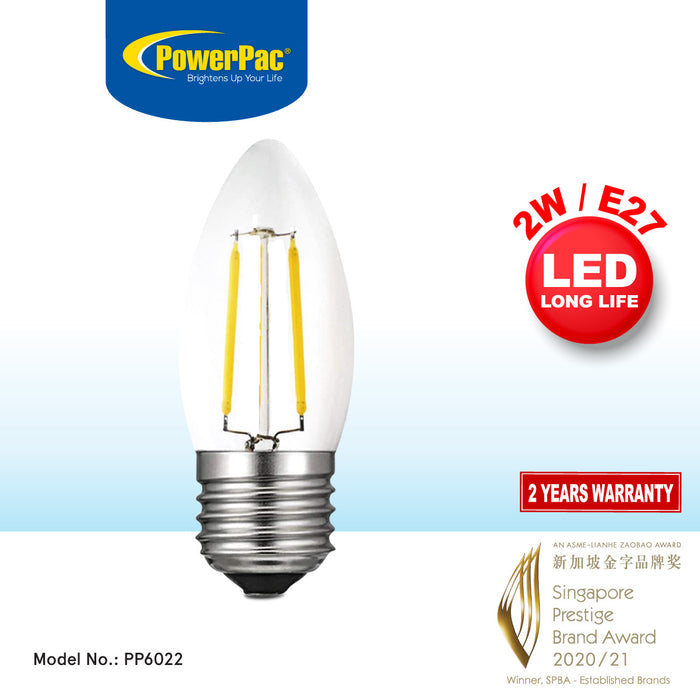 PowerPac LED Bulb, Candle Bulb, LED Light 2W E27 Warm White (PP6022)