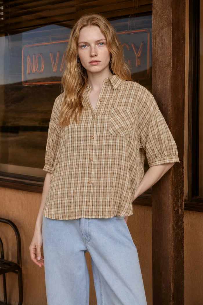 Rearview Plaid Short Sleeve Top - Curvy Available
