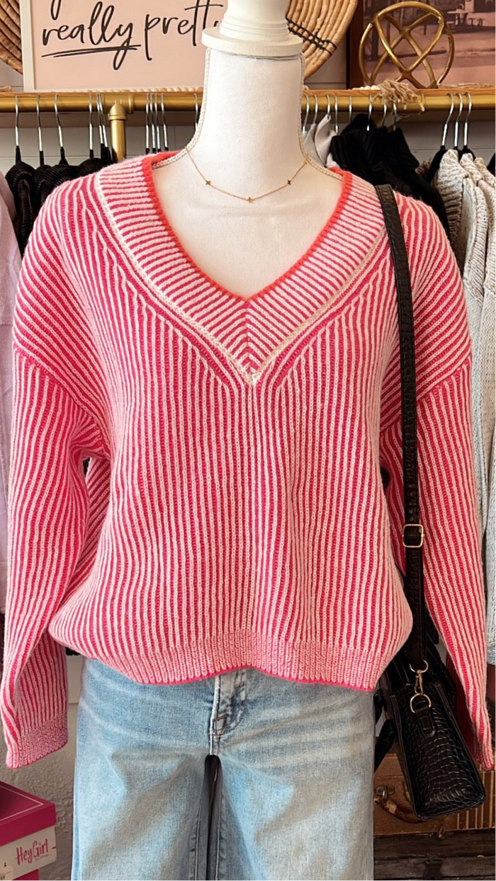 Ribbed V Neck Knit Sweater
