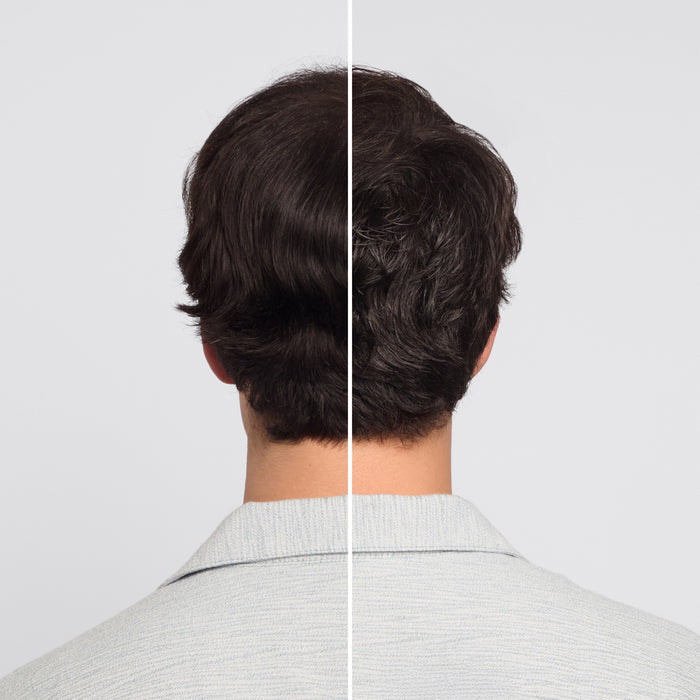 KITSCH Texturizing Sea Salt Spray — before & after split shot, back view of female model — left: frizzy unruly hair before | right: defined touchable waves after — non-drying formula with rosemary & biotin