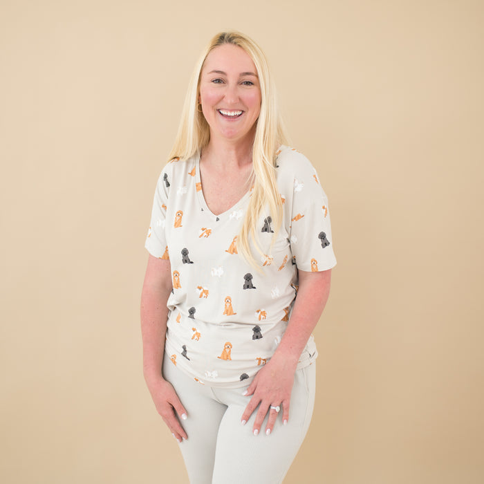Woman modeling Women’s Relaxed Fit V-Neck in Fluffy Dog