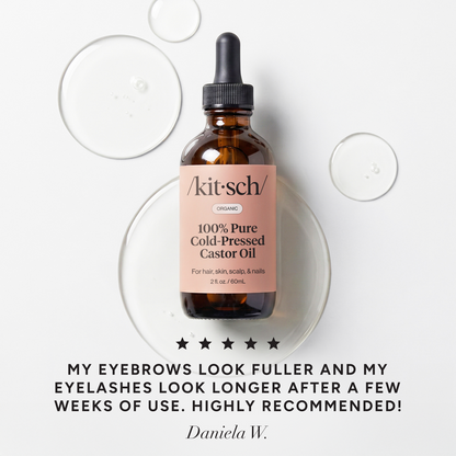 KITSCH 100% Pure Castor Oil — 5-star customer review graphic — USDA organic, hexane-free formula cold-pressed to maintain its rich source of antioxidants — may help promote fuller-looking hair, longer-looking lashes, thicker-looking brows