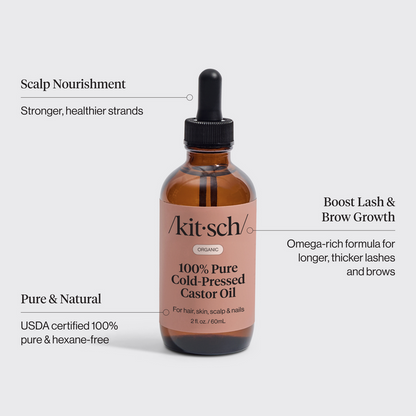 KITSCH 100% Pure Castor Oil — product infographic — May help promote fuller-looking hair, longer-looking lashes, thicker-looking brows, hydrated-looking skin, and softened cuticles — USDA organic, hexane-free formula