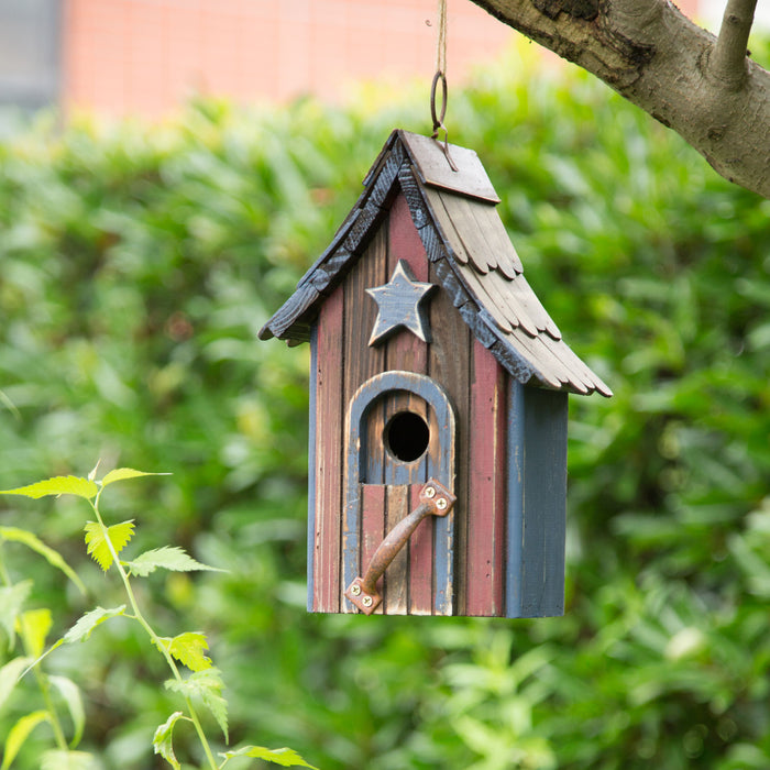 10.04"H USA Patriotic Hand Painted Wood Birdhouse