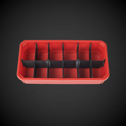 A red 12-Way Low Double Bin Divider (MP) with black dividers, designed for organizing tools in a Milwaukee Packout low organizer.