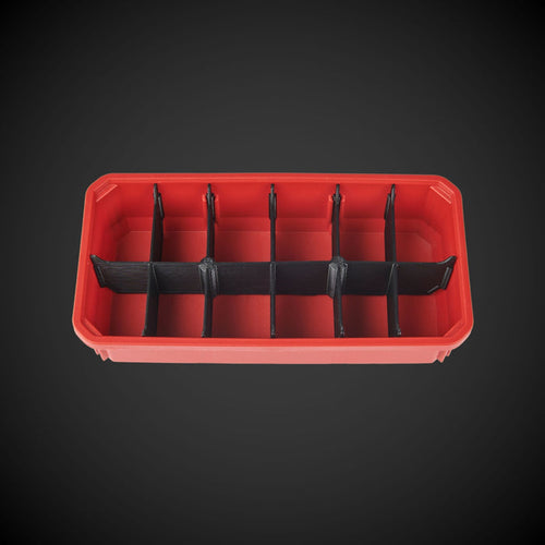 A red 12-Way Low Double Bin Divider (MP) with black dividers, designed for organizing tools in a Milwaukee Packout low organizer.