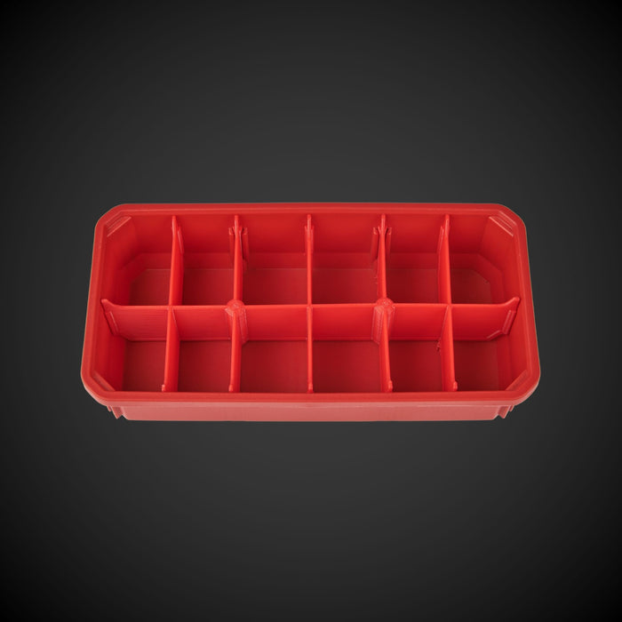 A red bin with red A red 12-Way Low Double Bin Divider (MP) with black dividers, designed for organizing tools in a Milwaukee Packout low organizer. dividers, designed for organizing tools in a Milwaukee Packout low organizer.