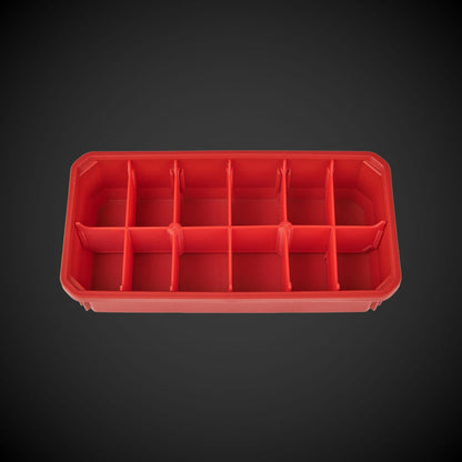 A red bin with red A red 12-Way Low Double Bin Divider (MP) with black dividers, designed for organizing tools in a Milwaukee Packout low organizer. dividers, designed for organizing tools in a Milwaukee Packout low organizer.