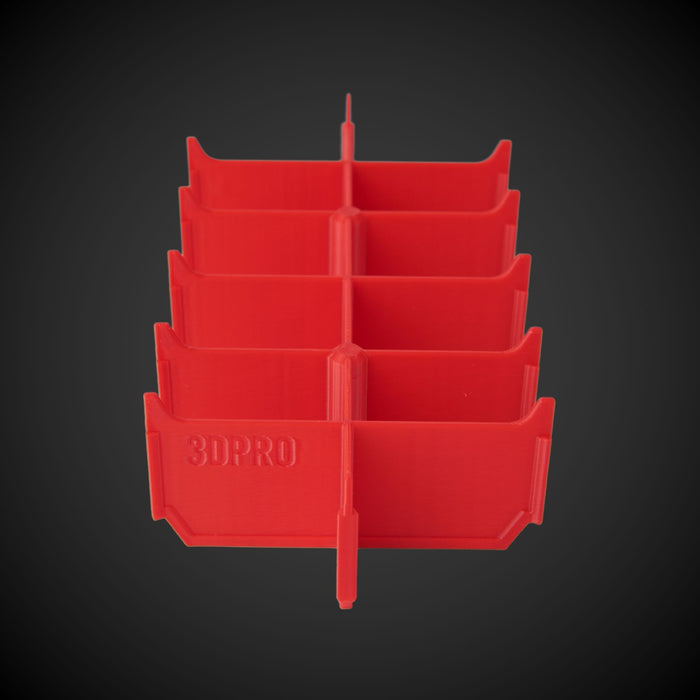 Red 12-Way Low Double Bin Divider with multiple compartments and '3DPRO' branding on a dark background