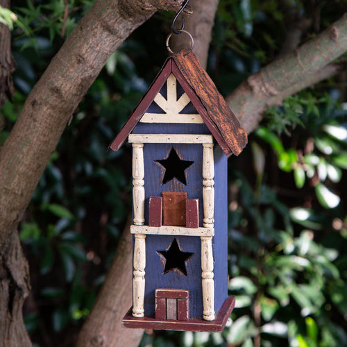 12.6"H Hanging Patriotic Two-Tiered Distressed Wooden/Iron Garden Birdhouse