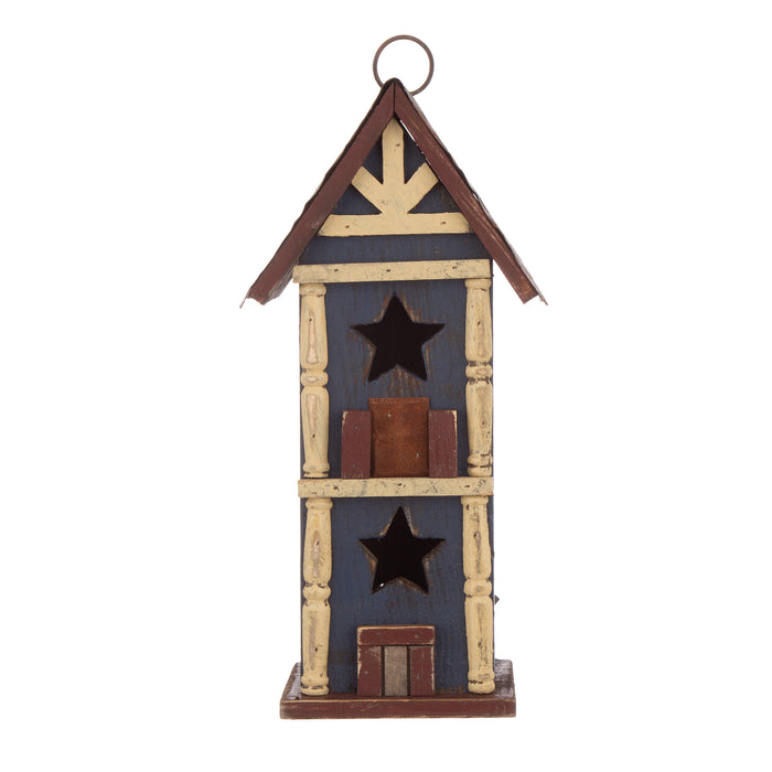 12.6"H Hanging Patriotic Two-Tiered Distressed Wooden/Iron Garden Birdhouse