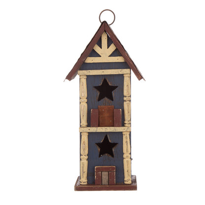 12.6"H Hanging Patriotic Two-Tiered Distressed Wooden/Iron Garden Birdhouse