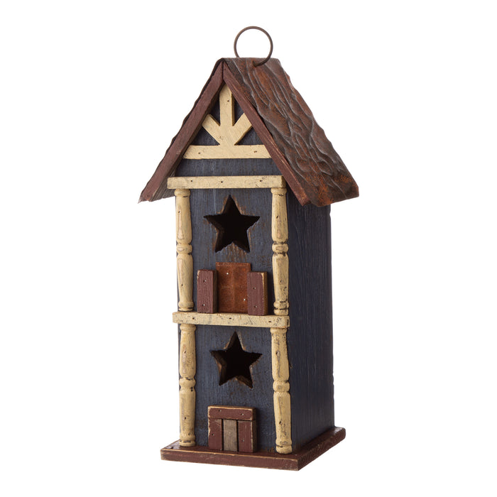 12.6"H Hanging Patriotic Two-Tiered Distressed Wooden/Iron Garden Birdhouse