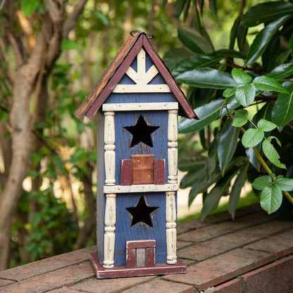 12.6"H Hanging Patriotic Two-Tiered Distressed Wooden/Iron Garden Birdhouse