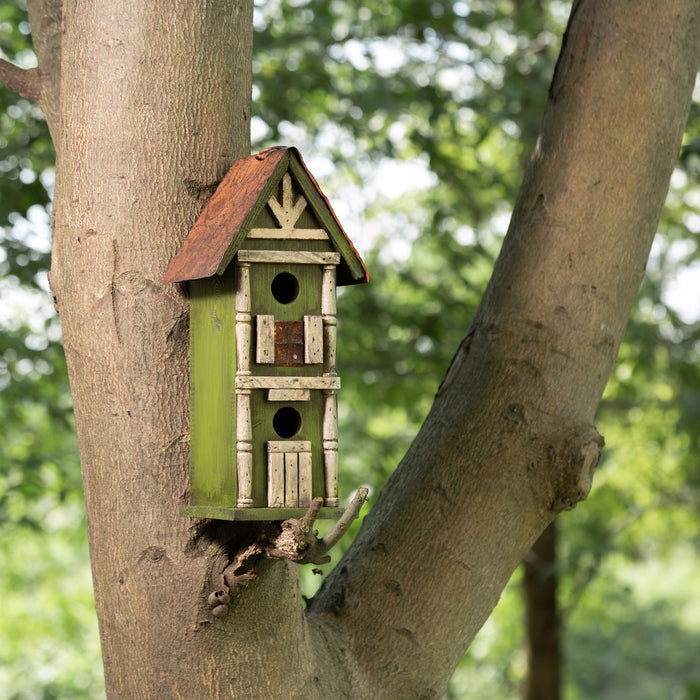 12.8"H Tall Two-Tier Hand Painted Wood Birdhouse