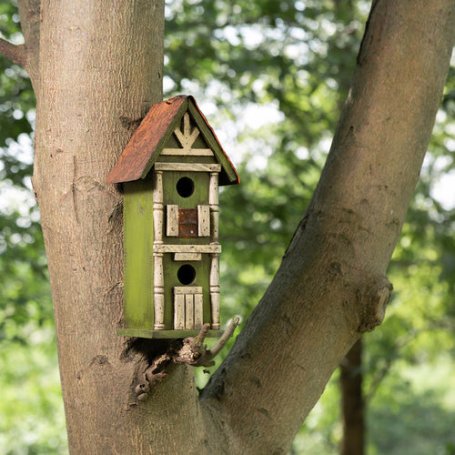 12.8"H Tall Two-Tier Hand Painted Wood Birdhouse