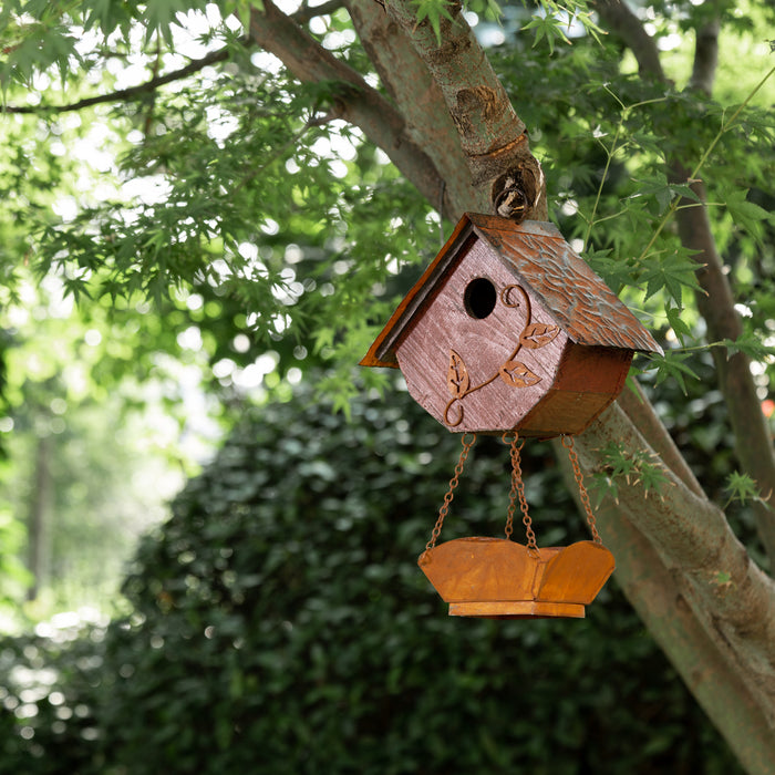 12.91"H Rustic Garden Distressed Wooden Decorative Birdhouse With Bird Bath