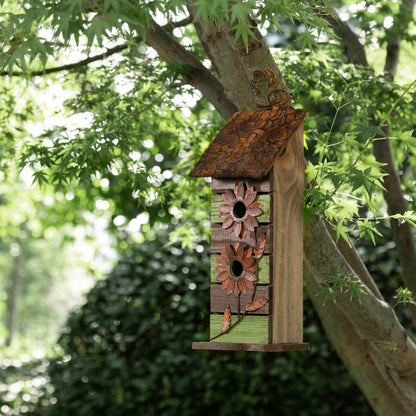 14.45"H Hanging Two-Tiered Distressed Wooden Garden Bird House With Flowers