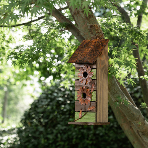 14.45"H Hanging Two-Tiered Distressed Wooden Garden Bird House With Flowers