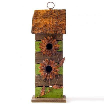 14.45"H Hanging Two-Tiered Distressed Wooden Garden Bird House With Flowers