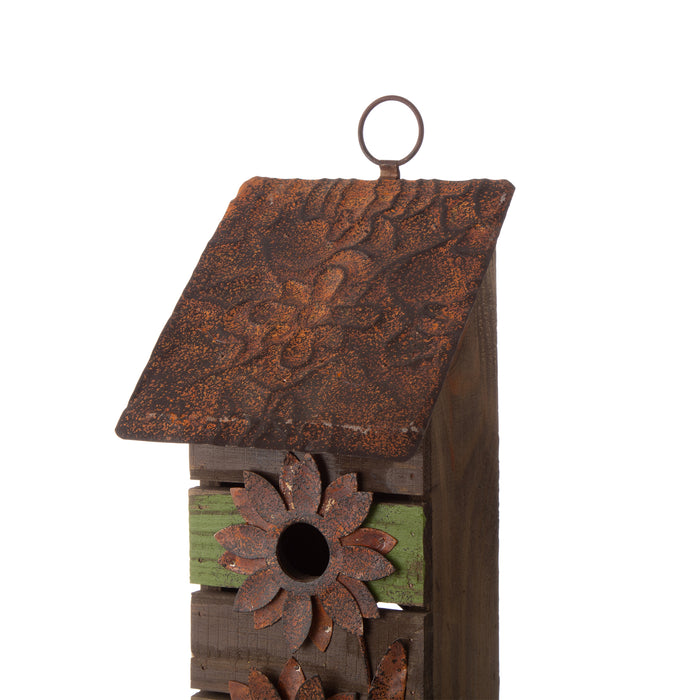 14.45"H Hanging Two-Tiered Distressed Wooden Garden Bird House With Flowers