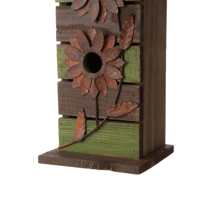 14.45"H Hanging Two-Tiered Distressed Wooden Garden Bird House With Flowers