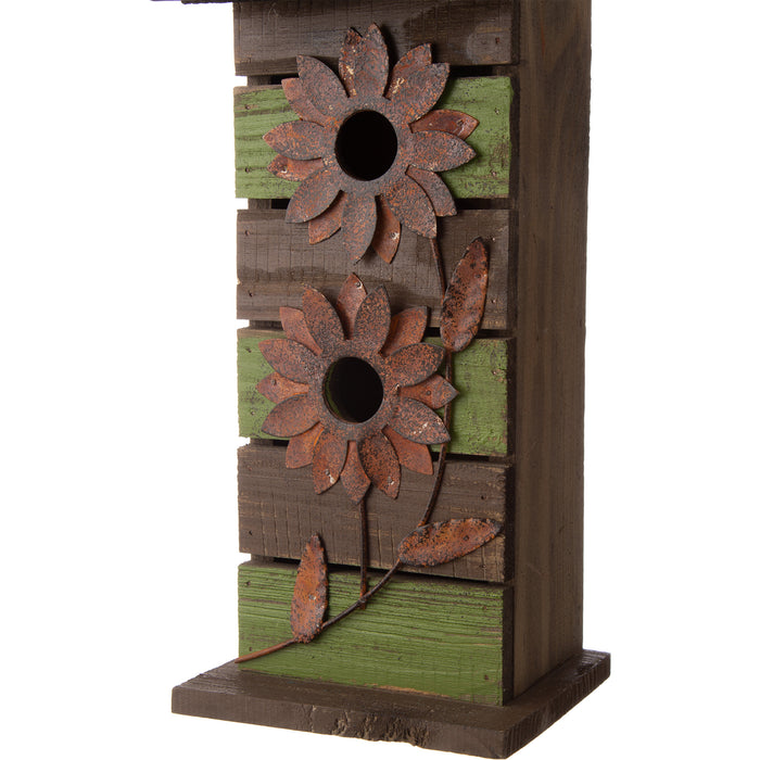 14.45"H Hanging Two-Tiered Distressed Wooden Garden Bird House With Flowers