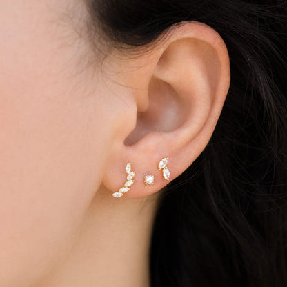 14k Solid Gold Leaf Ear Climber Ball Back Stud