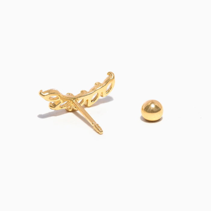 14k Solid Gold Leaf Ear Climber Ball Back Stud