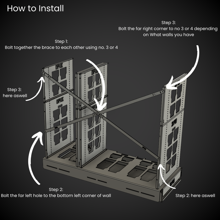 Step-by-step installation diagram for a 1.5 Slider Bracing Kit (Pack A Shelf) on a dark background