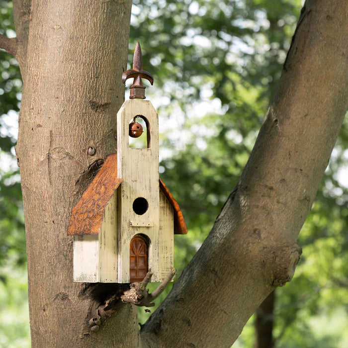 15.63"H Church Rustic Distressed Wooden Birdhouse