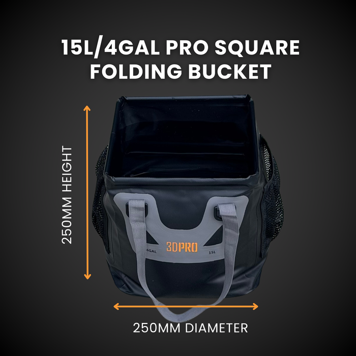 15L/4GAL Pro Square Folding Bucket with dimensions on a dark background