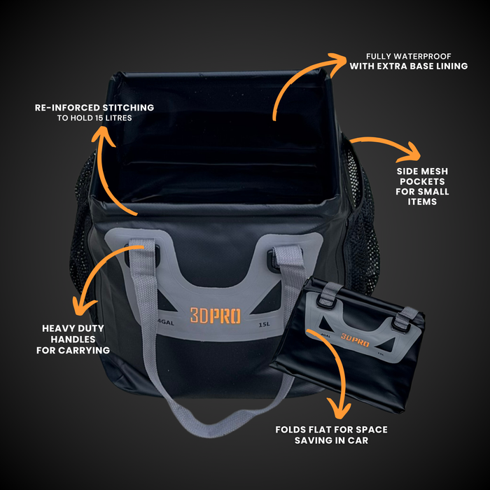 15L/4GAL Pro Square Folding Bucket with features highlighted on a dark background